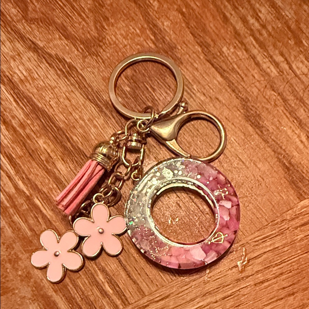 Pink Floral Resin Donut Keychain with Tassel and Flower Charms